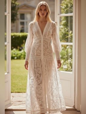 Stunning Ivory Boho Lace Embroidered Maxi Dress | Long Sleeve | Cottagecore